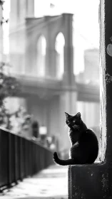 Black Cat Window Vigil: Feline Guardian Against Iconic Bridge Backdrop