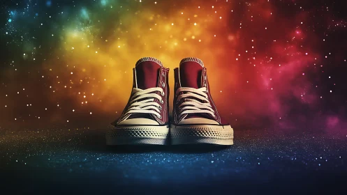 Burgundy canvas high-top sneakers in nebula gradient bokeh field