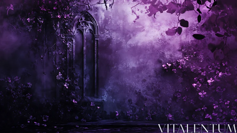 Gothic stone window with overgrown purple foliage at night.