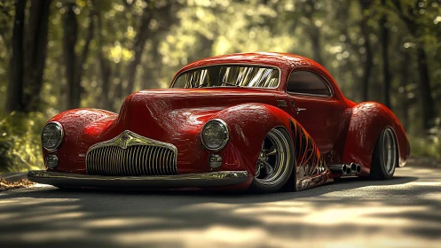 Custom red hot rod gleams on a sunlit forest backroad