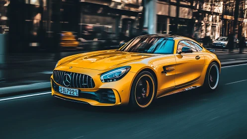 Golden sports car glides through the city in confident motion