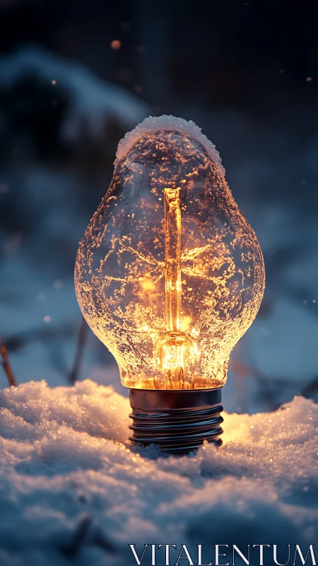 Photorealistic frosted light bulb glowing in winter snow.