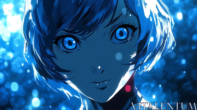 Intense blue eyed anime portrait under high contrast bokeh light