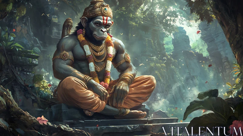 Mythic simian deity seated in ornate jungle ruins.