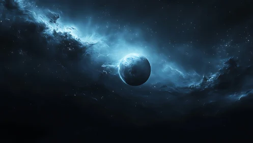 Distant blue planet centered in dark cosmic cloudscape.