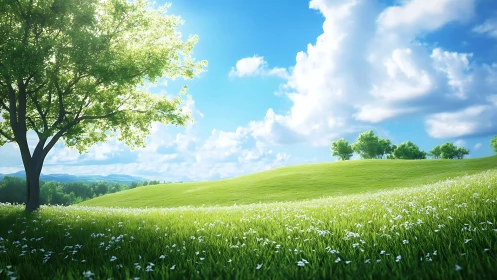 Sunlit tree on grassy hill with distant clouds and fields.