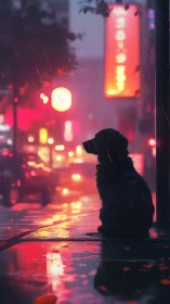 Neon-lit rainy city sidewalk with silhouetted dog profile study.