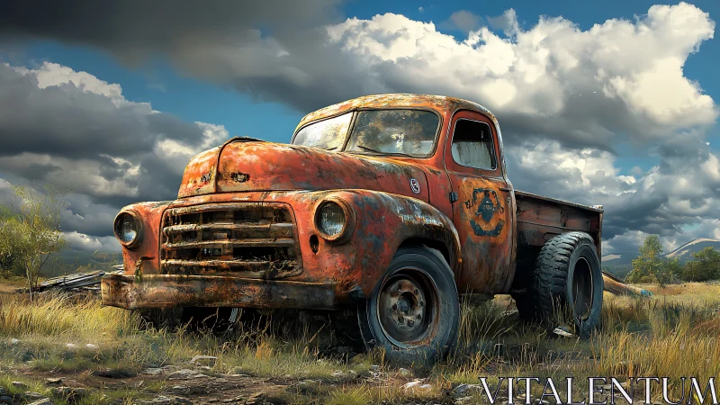 Rusting farm truck stands weathered beneath brooding skies.