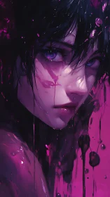 Digital painting portrait with neon magenta liquid overlays.
