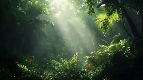 Tropical Rainforest Canopy With Golden Sunlight Filtering Through Dense Foliage