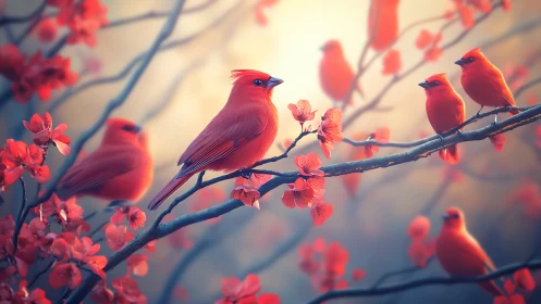 Vibrant red cardinals on blossoming branches in dreamy soft focus.