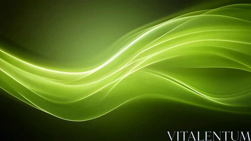 Green luminous wave ribbons curve across dark gradient field