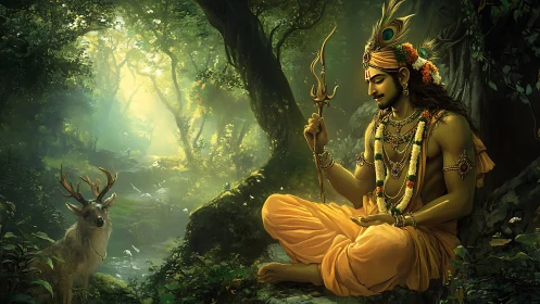 Gentle forest deity rests in golden light beside a calm deer