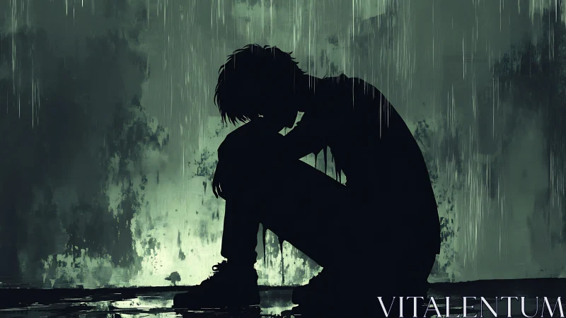 Silhouetted person crouches alone in heavy stylized rain