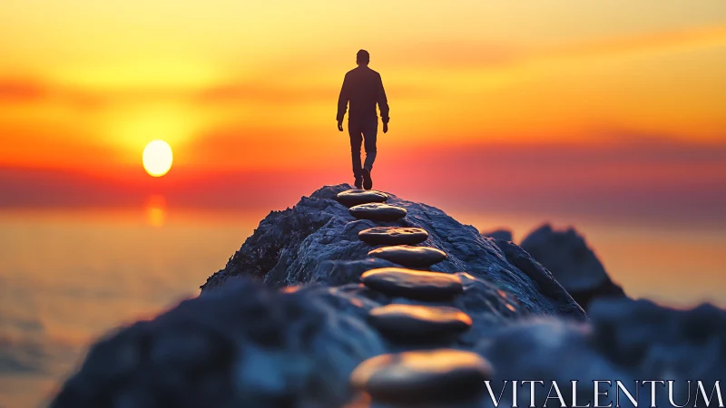 Silhouetted figure walks stone path toward low-horizon ocean sunset