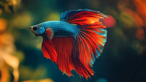 Betta fish flaunts luminous fins in dark aquascape.