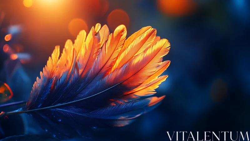 Macro feather closeup in orange rim light against blue bokeh