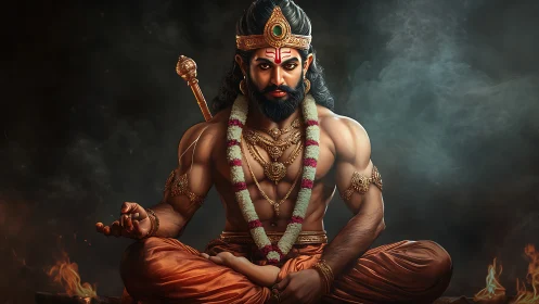 Seated warrior sage in ornate attire amid smoke and fire.