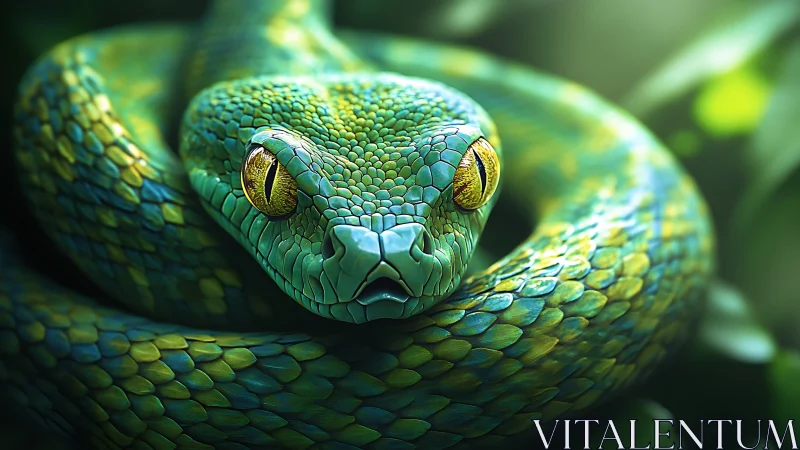 Emerald viper close-up with coiled body and golden eyes.