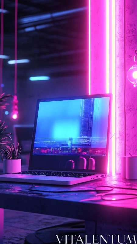 Neon-soaked laptop listens quietly to the electric midnight