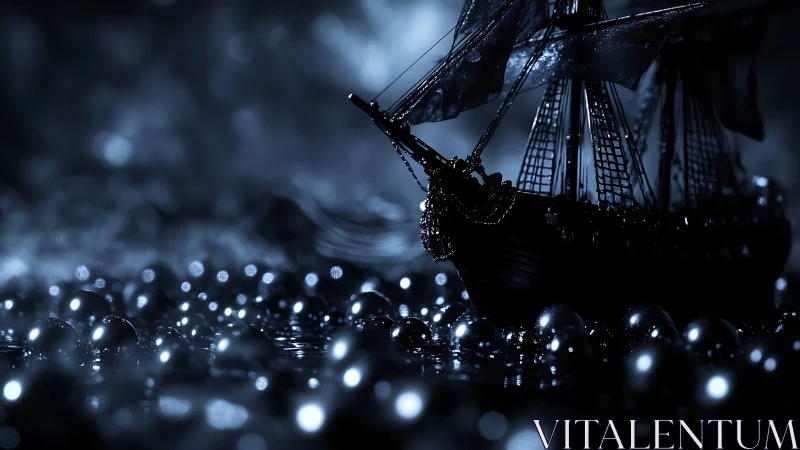 Midnight toy galleon drifting through a sea of silver orbs.