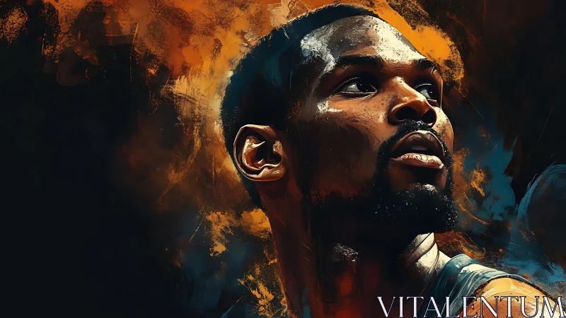 Dynamic digital portrait of focused basketball player, warm bokeh glow