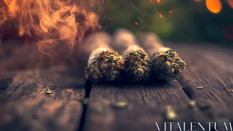 Shallow‑focus macro view isolates cannabis joints on weathered wood