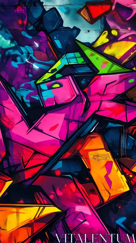 Geometric graffiti mural displays angular neon color fields