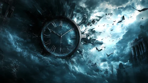 Colossal clock shatters through storm clouds and ruined city