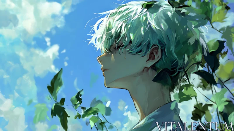 Side-profile anime portrait merges figure with luminous foliage