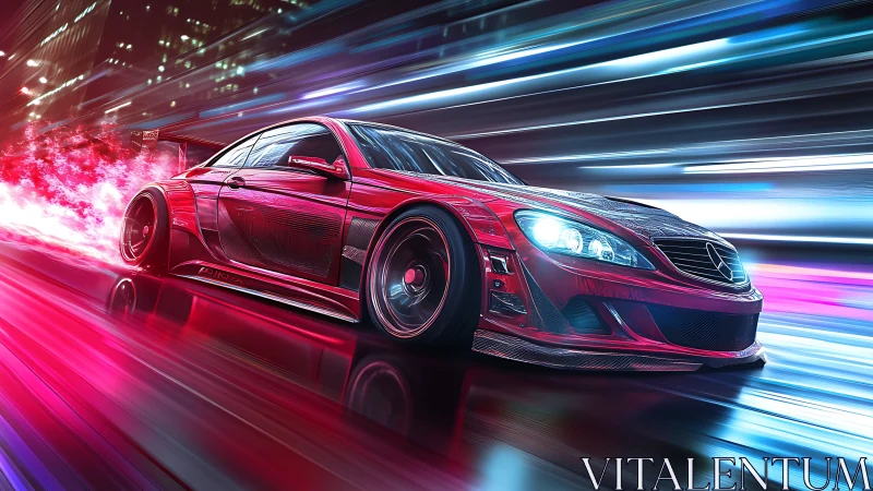 Red street racer blurs through neon city lights in motion