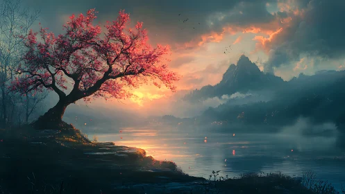 Cherry tree glows over misty lake at cinematic sunrise.