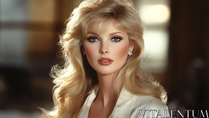 Velvet-lit blonde portrait with glamorous retro poise.