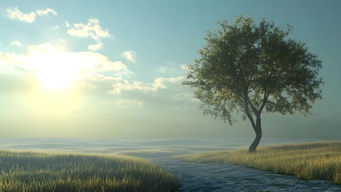 Single tree in volumetric dawn light over windswept grassy dunes