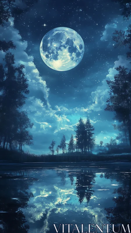 Moonlit forest lake reflects a luminous, star-filled sky.