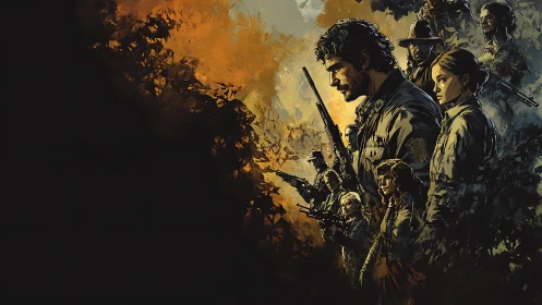 Armed group portrait in stylized post apocalyptic landscape.