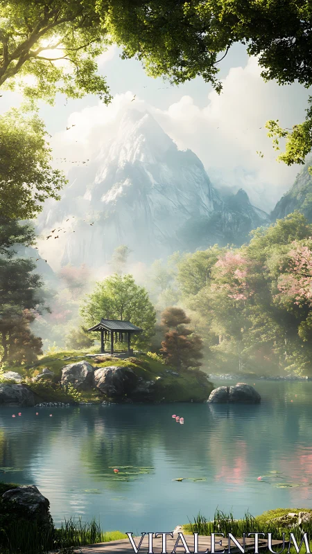 Mountain lake shrine cradled in misty blossom forest.