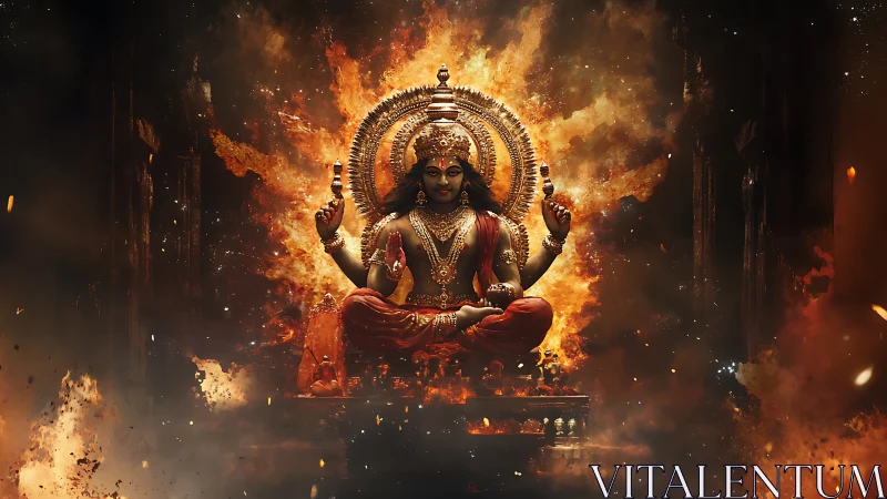 Deity statue rendered in fiery symmetrical digital composition
