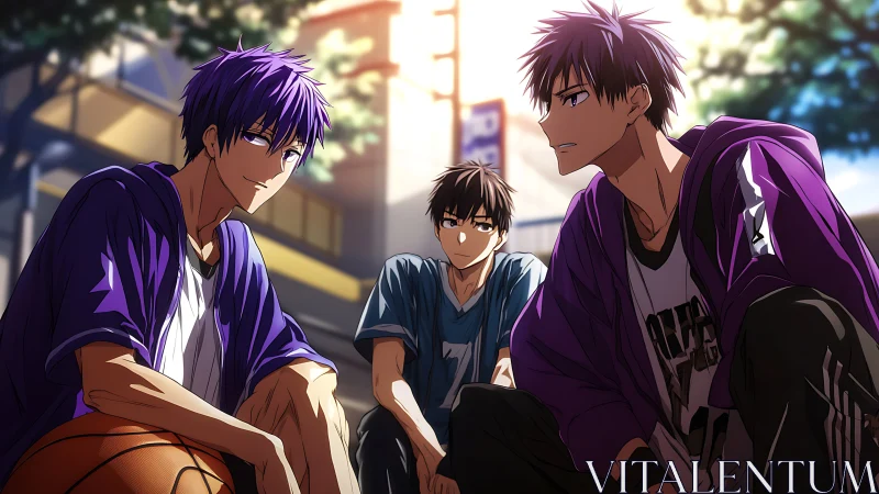 Courtside dusk legends in purple hoodies share quiet resolve.