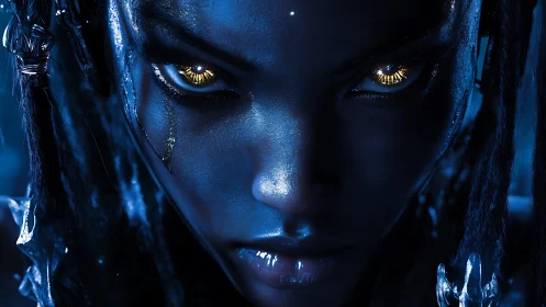 Cybernetic warrior portrait in electric blue frontal close-up.