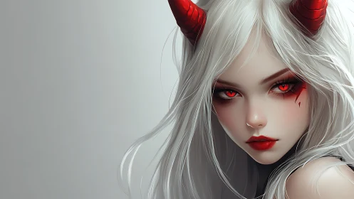 White haired female portrait with red horns and eyes.