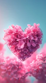 Pink floral arrangement composed into heart shape against blue gradient background