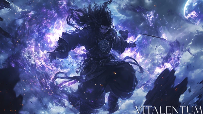 Storm-forged space warrior riding swirling cosmic energy.