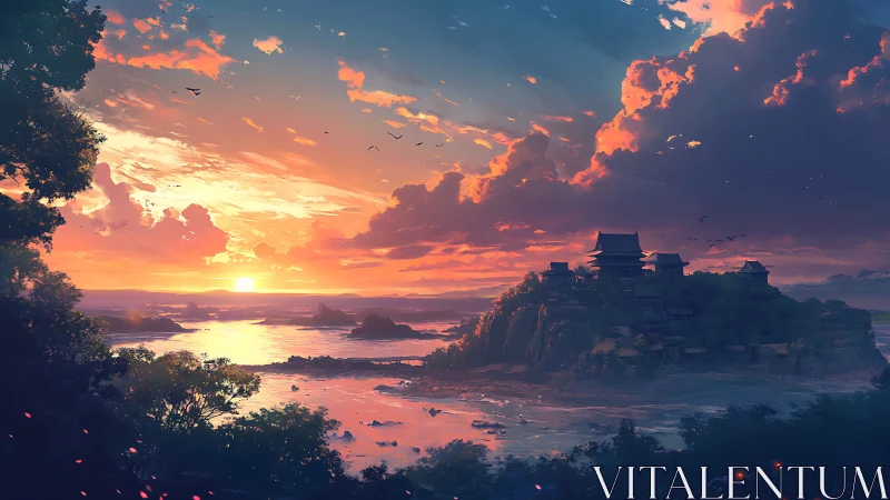 Sunset-lit coastal temple complex under dramatic stratocumulus