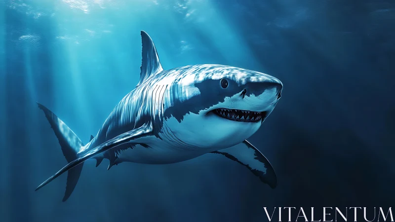 Great white shark rendered in dynamic blue ocean light.