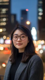 City evening portrait of young woman in soft bokeh glow.