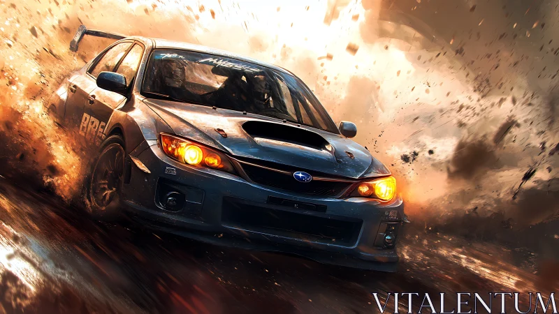 Rally car powerslides through dirt with glowing headlights.