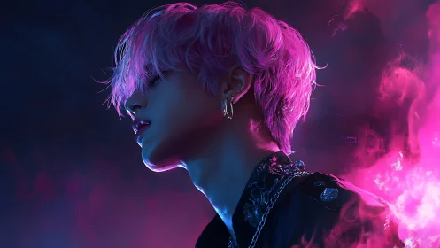 Neon-lit portrait frames pink-haired figure in vapor glow.