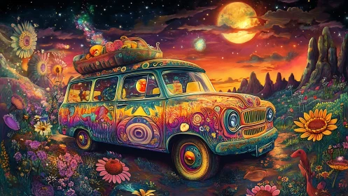 Psychedelic van in surreal floral landscape at sunset.