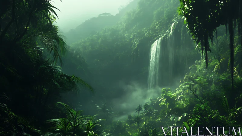 Misty Rainforest Waterfall in Lush Canyon.